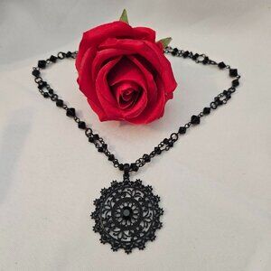 Black Gothic Necklace with Floral Pendant